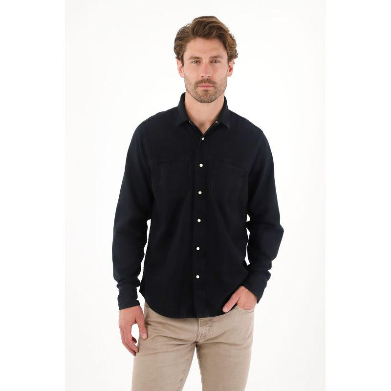 TENNIS - Camisa en dril liviano manga larga negra para hombre