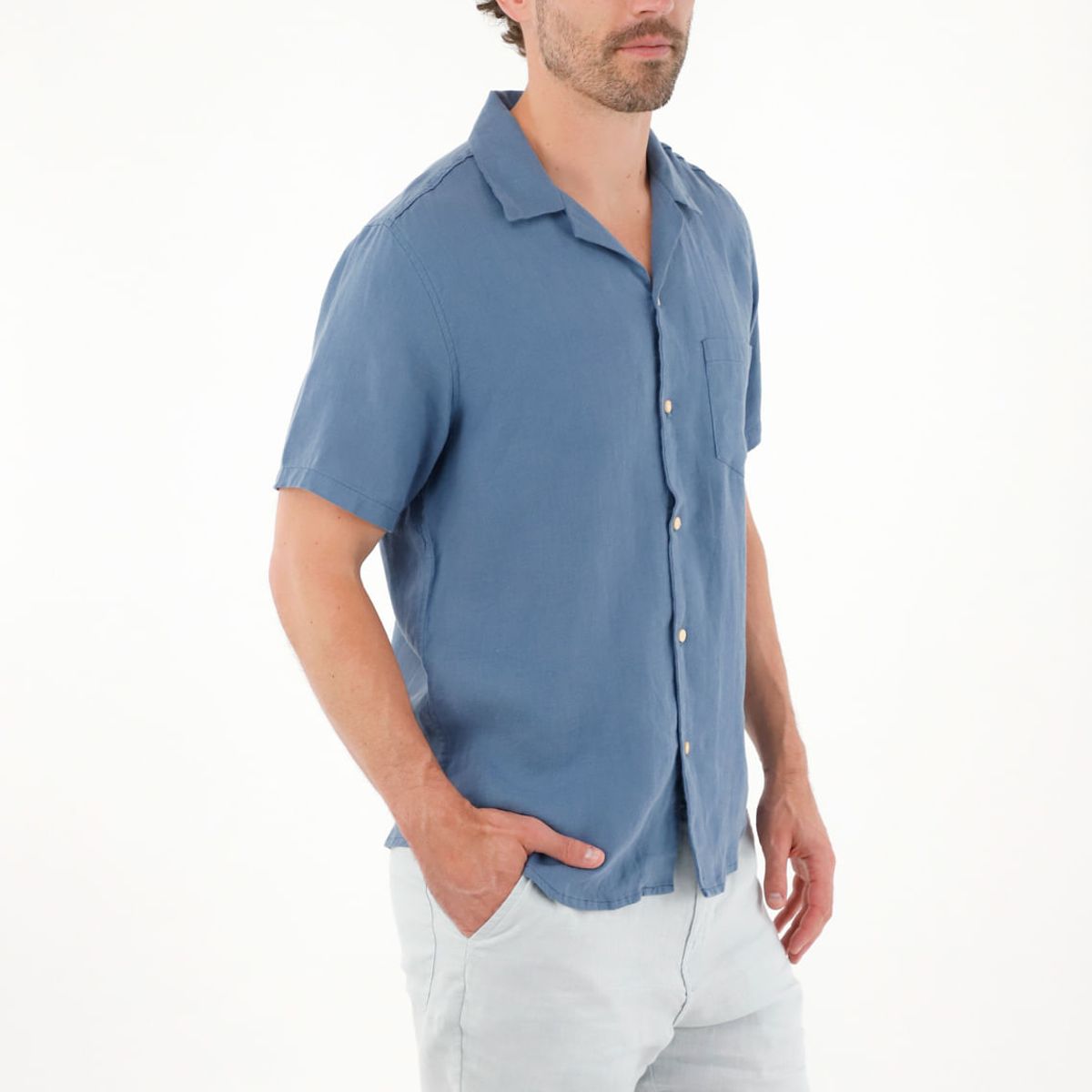 TENNIS - Camisa manga corta en 100% lino azul para hombre