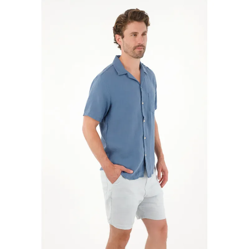 TENNIS - Camisa manga corta en 100% lino azul para hombre