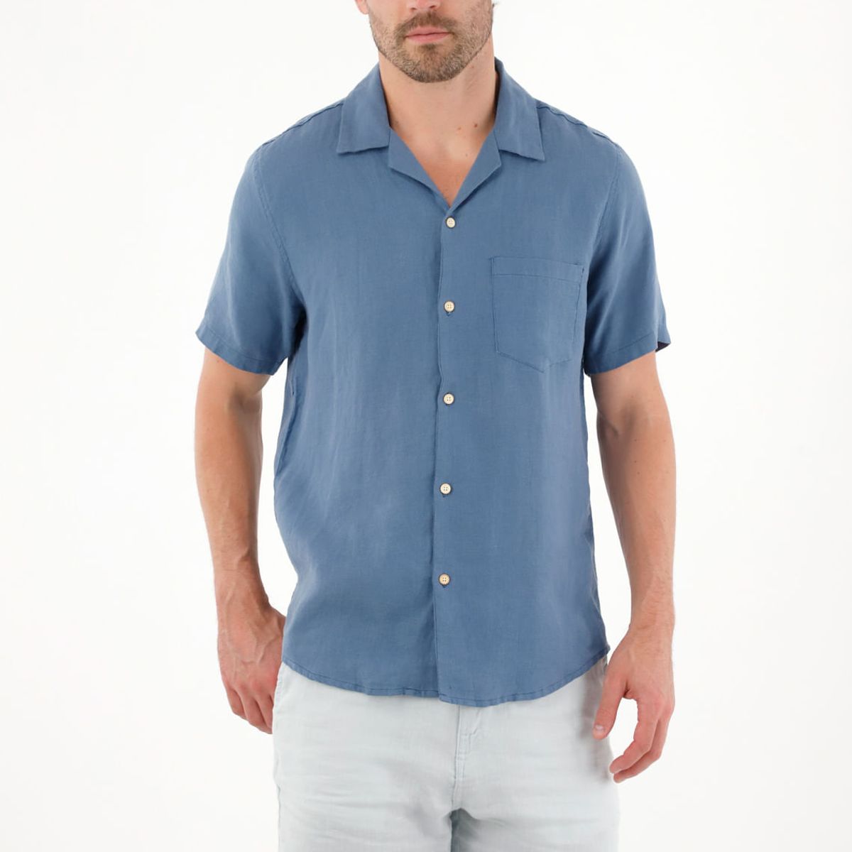 TENNIS - Camisa manga corta en 100% lino azul para hombre