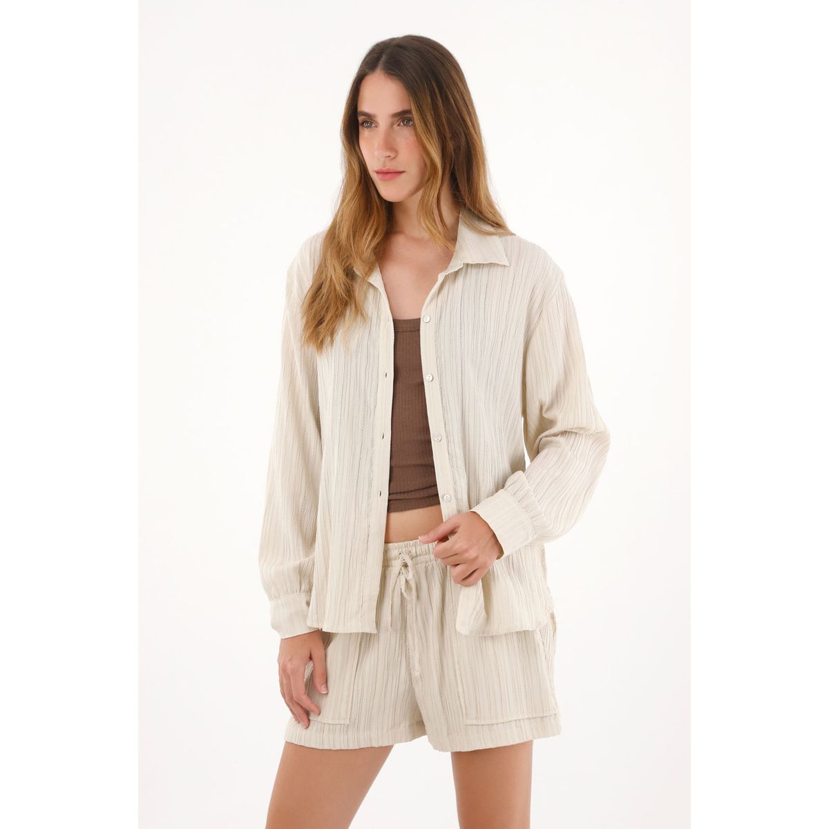 TENNIS - Camisa manga larga de tela con textura gris para mujer