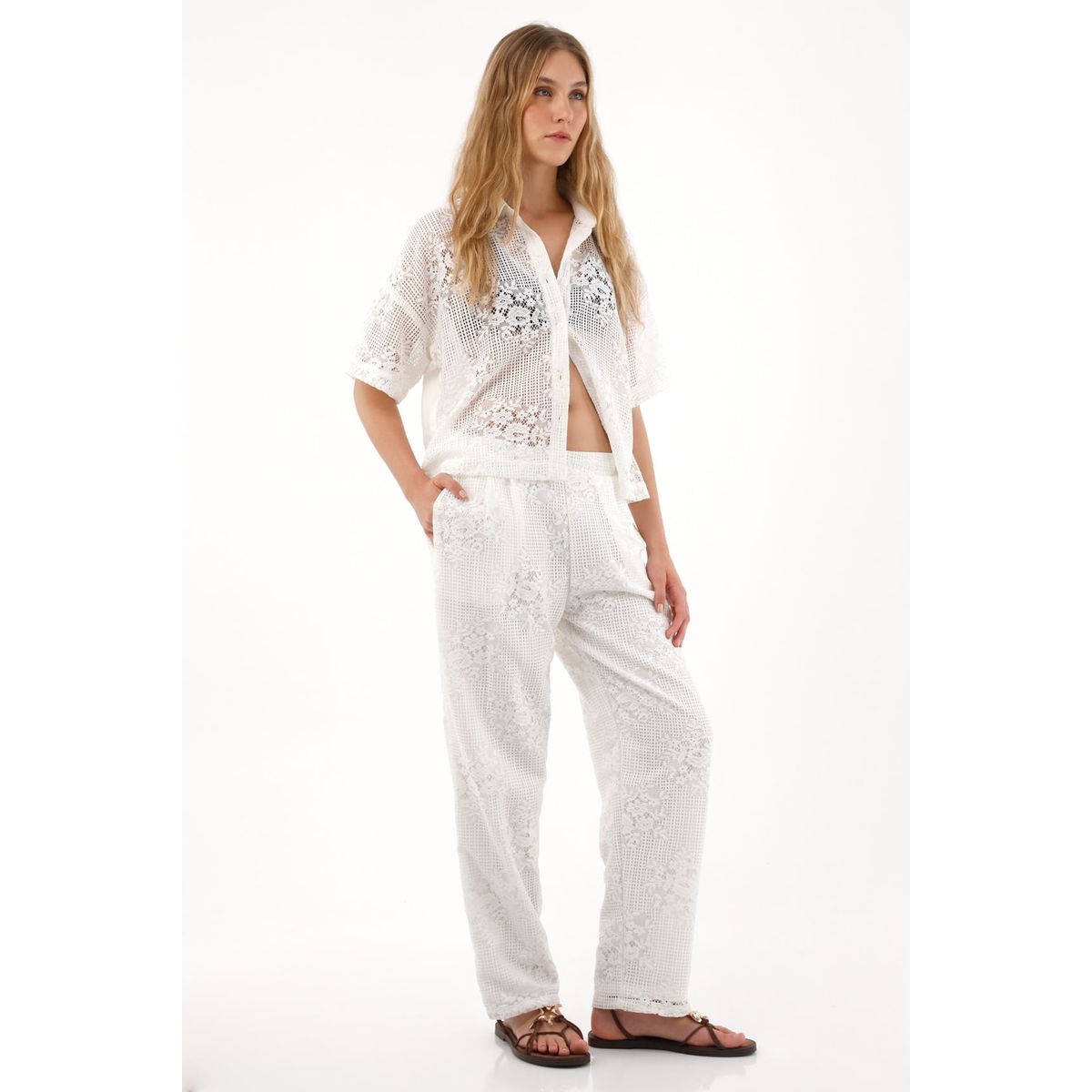 TENNIS - Pantalón Recto en tela bordada crudo para mujer