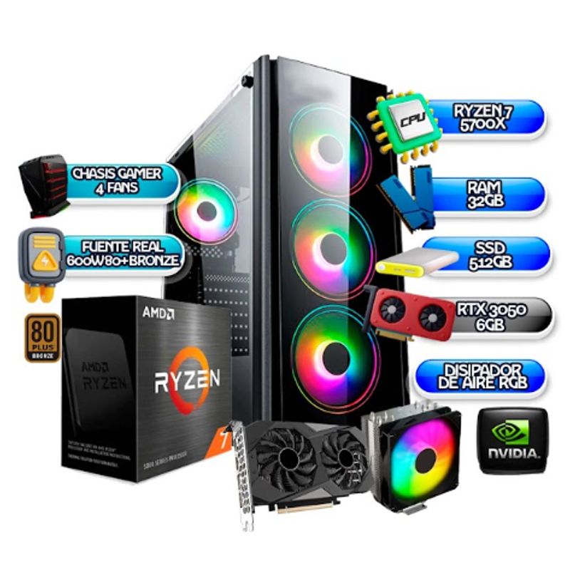 AMD - PC GAMER TARJETA VIDEO RTX 3050 6GB RYZEN 7 5700X B550M WIFI+BT 32GB RAM SSD 512