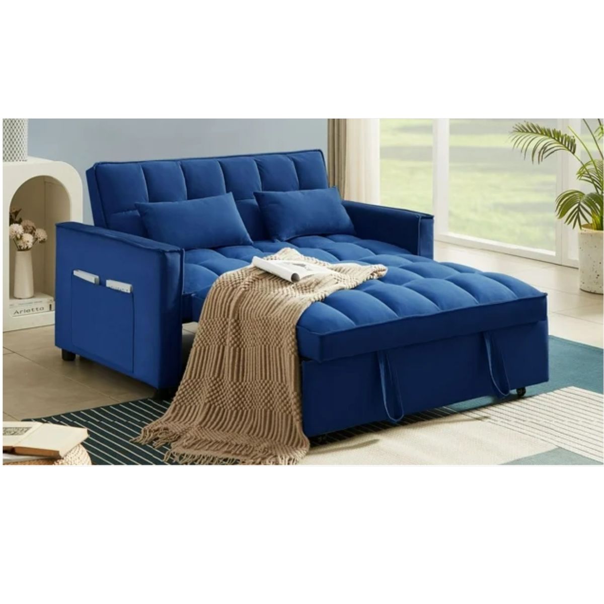 MUEBLES FIOTTI - Sofa Cama 2 Puestos Azul Tela Aeidi