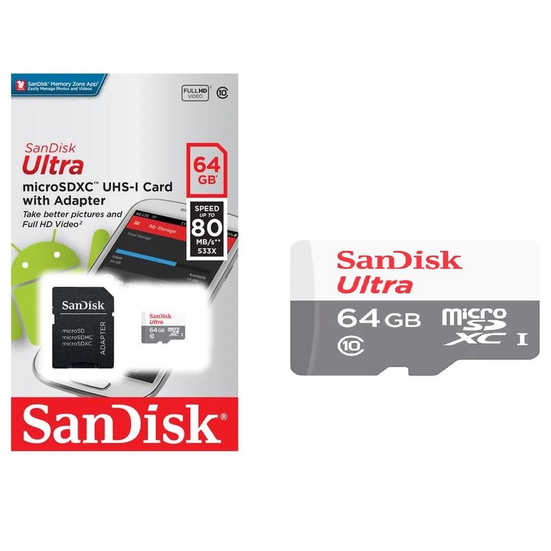 GENERICO - Memoria MicroSD SanDisk Ultra 64GB Clase 10 con Adaptador – Full HD