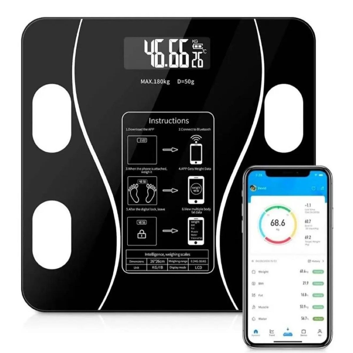 GENERICO - Báscula inteligente bluetooth - vidrio templado con app- recargable