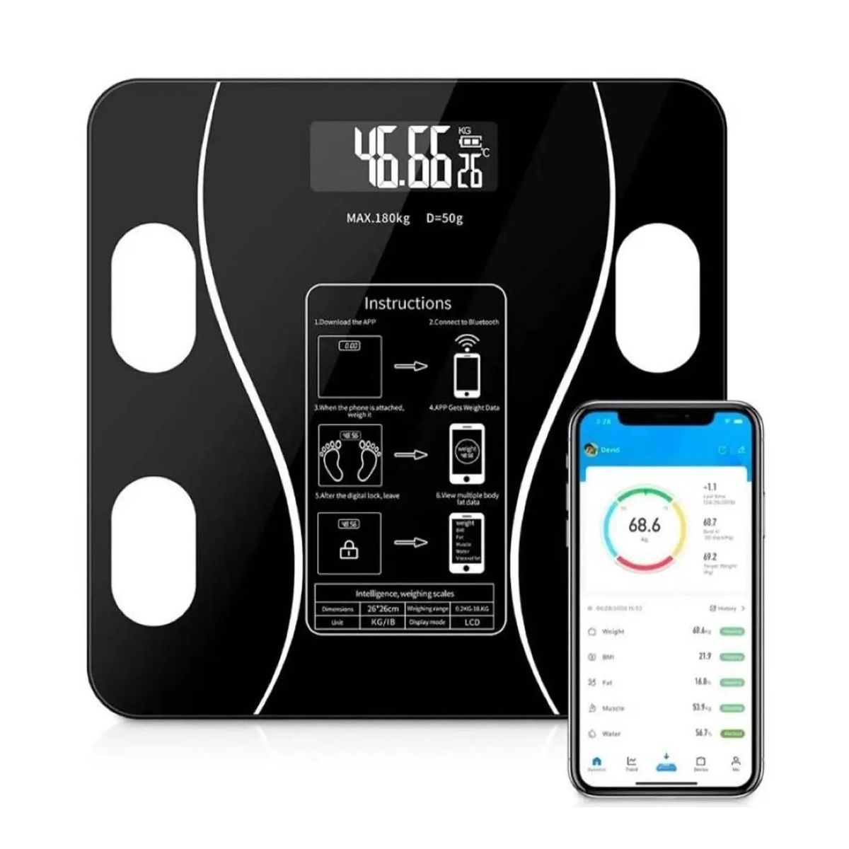 GENERICO - Báscula inteligente bluetooth - vidrio templado con app- recargable