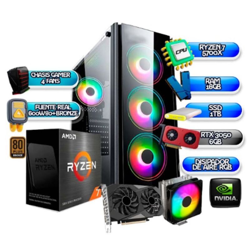 AMD - PC GAMER RYZEN 7 5700X + RTX 3050 6GB B550M WIFI+BT 16GB RAM SSD 1TB