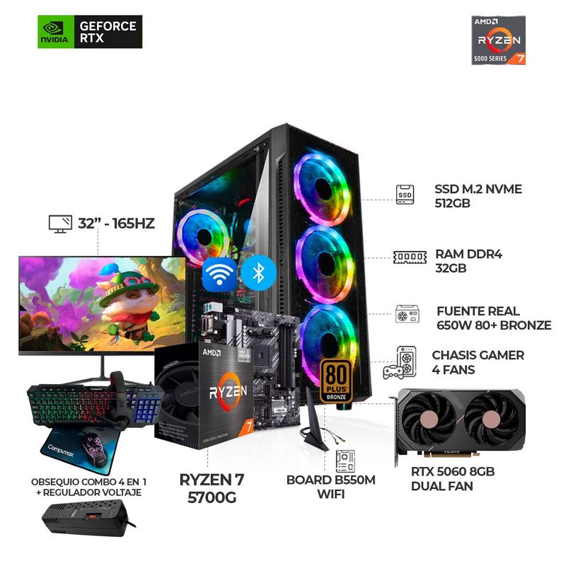 AMD - PC RYZEN 7 5700G + RTX 5060 + MONITOR 32" 165HZ + B550 WIFI + RAM 32GB SSD 512GB