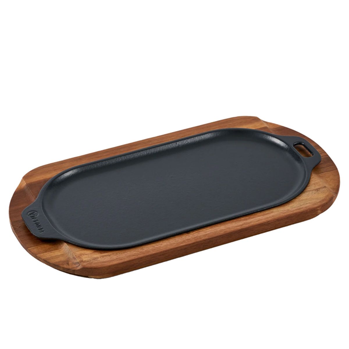 VICTORIA - Plancha Ovalada Hierro Fundido Victoria 34 X 17 Cm con Base de Madera acacia