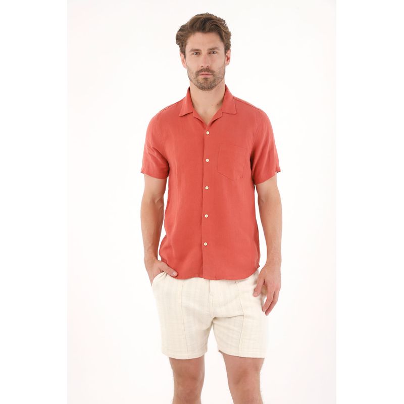 TENNIS - Camisa manga corta en 100% lino naranja para hombre