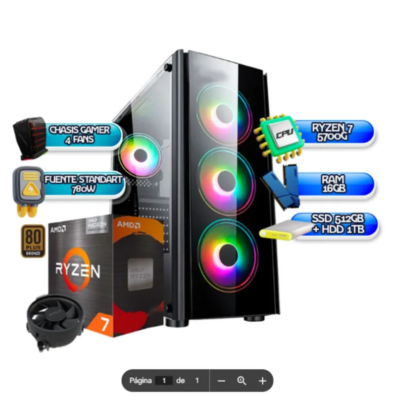 AMD - PC GAMER RYZEN 7 5700G BOARD A520 16GB RAM SSD 512GB + HDD 1TB FUENTE 780W