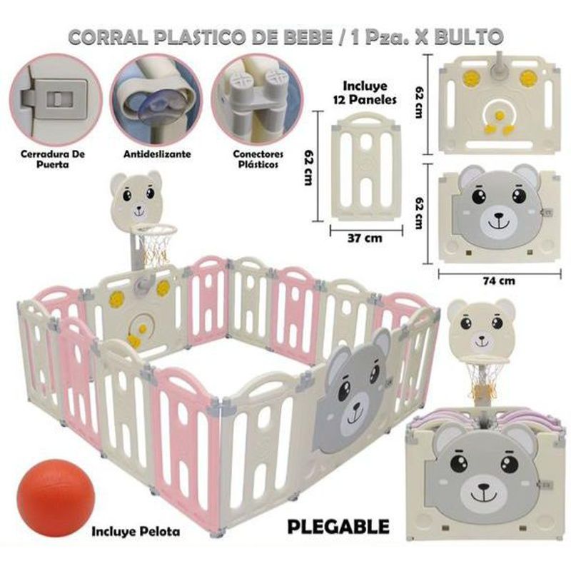 GENERICO - Corral Plegable Modular 12 Paneles con Cancha de Basket