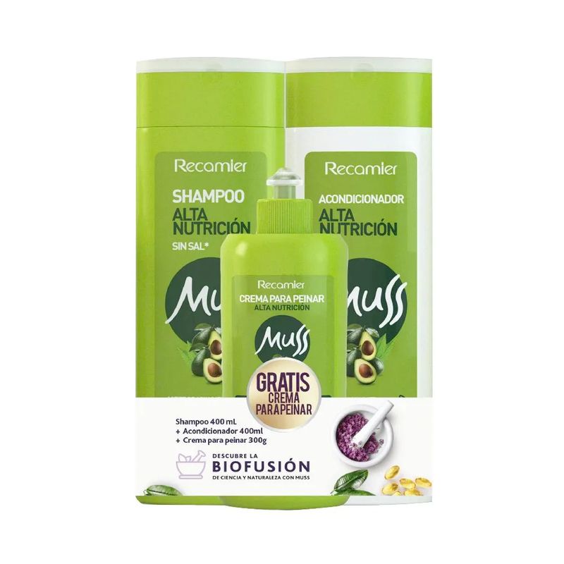 MUSS - Kit Muss Alta Nutrición 400 ml Shampoo + Acondicionador + Crema Gratis