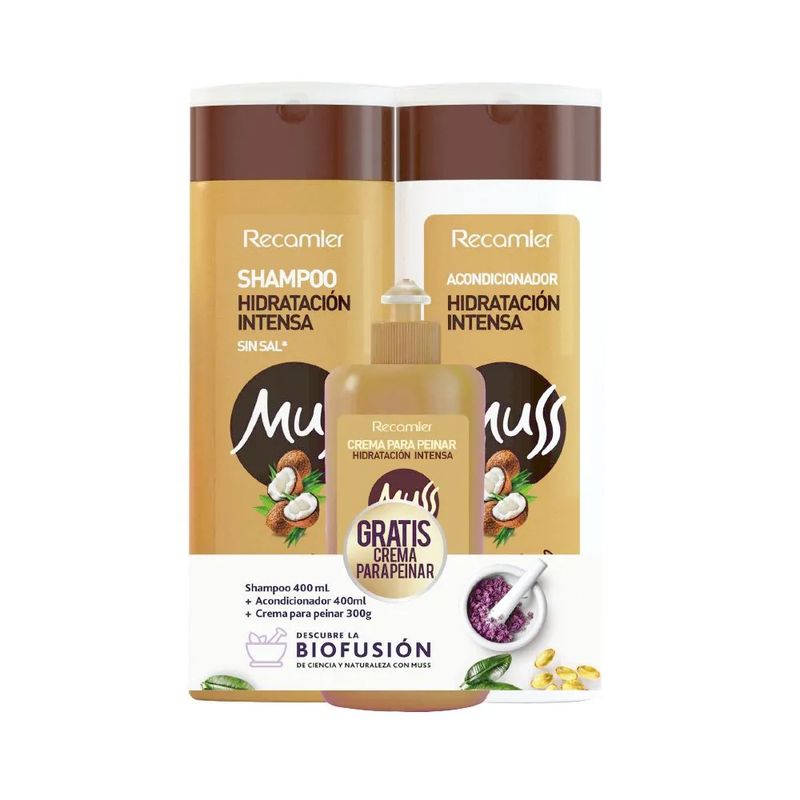 MUSS - Kit Muss Hidratación Intensa Shampoo + Acondicionador + Crema Gratis