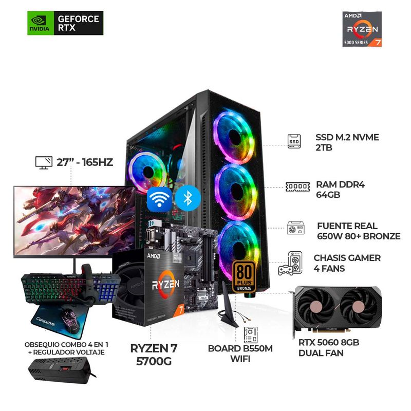 AMD - PC RYZEN 7 5700G + RTX 5060 + MONITOR 27" 165HZ + B550 WIFI + RAM 64GB SSD 2TB