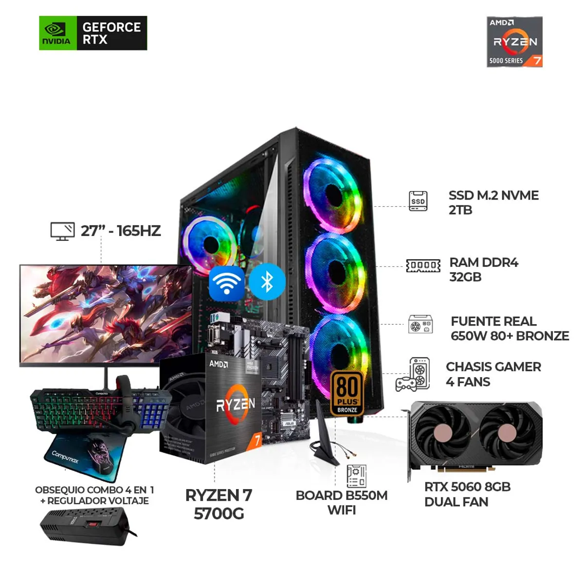 AMD - PC RYZEN 7 5700G + RTX 5060 + MONITOR 27" 165HZ + B550 WIFI + RAM 32GB SSD 2TB