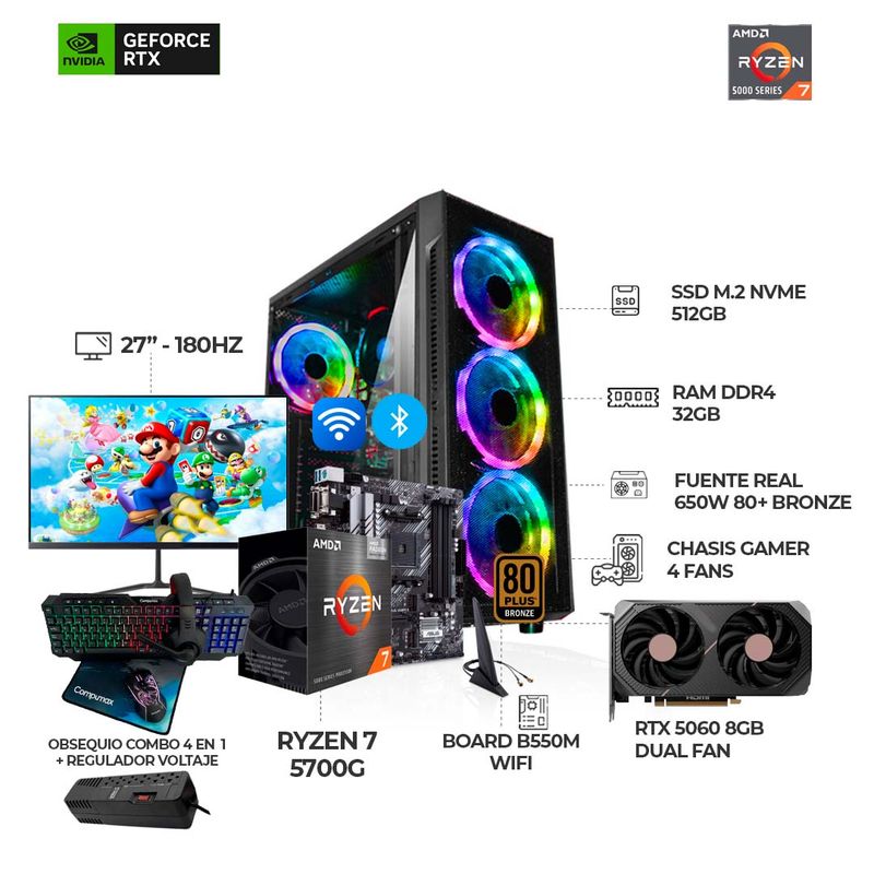 AMD - PC RYZEN 7 5700G + RTX 5060 + MONITOR 27" 180HZ + B550 WIFI + RAM 32GB SSD 512GB