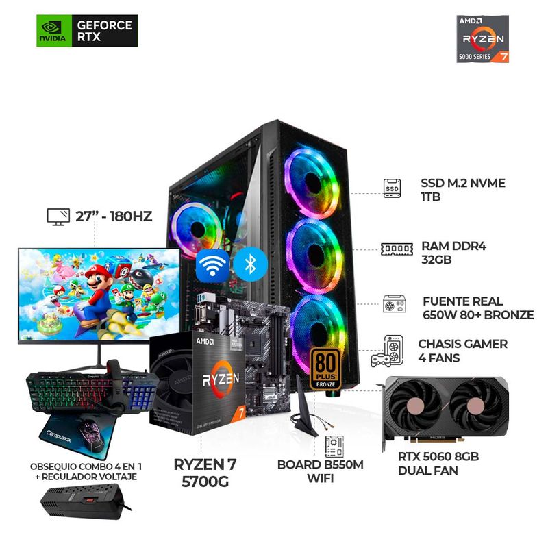 AMD - PC RYZEN 7 5700G + RTX 5060 + MONITOR 27" 180HZ + B550 WIFI + RAM 32GB SSD 1TB