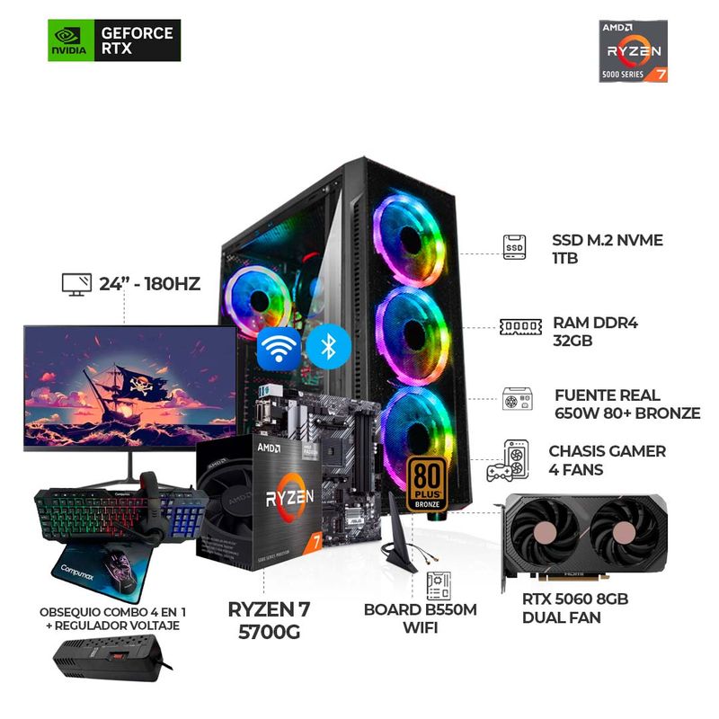 AMD - PC RYZEN 7 5700G + RTX 5060 + MONITOR 24" 180HZ + B550 WIFI + RAM 32GB SSD 1TB