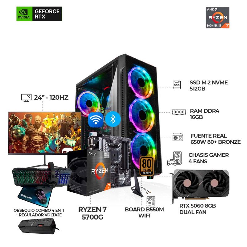 AMD - PC RYZEN 7 5700G + RTX 5060 + MONITOR 24" 120HZ + B550 WIFI + RAM 16GB SSD 512GB