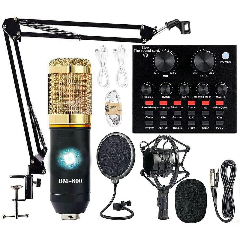 GENERICO - Micrófono BM800 Profesional con Brazo + Tarjeta de Sonido V8 para Grabación