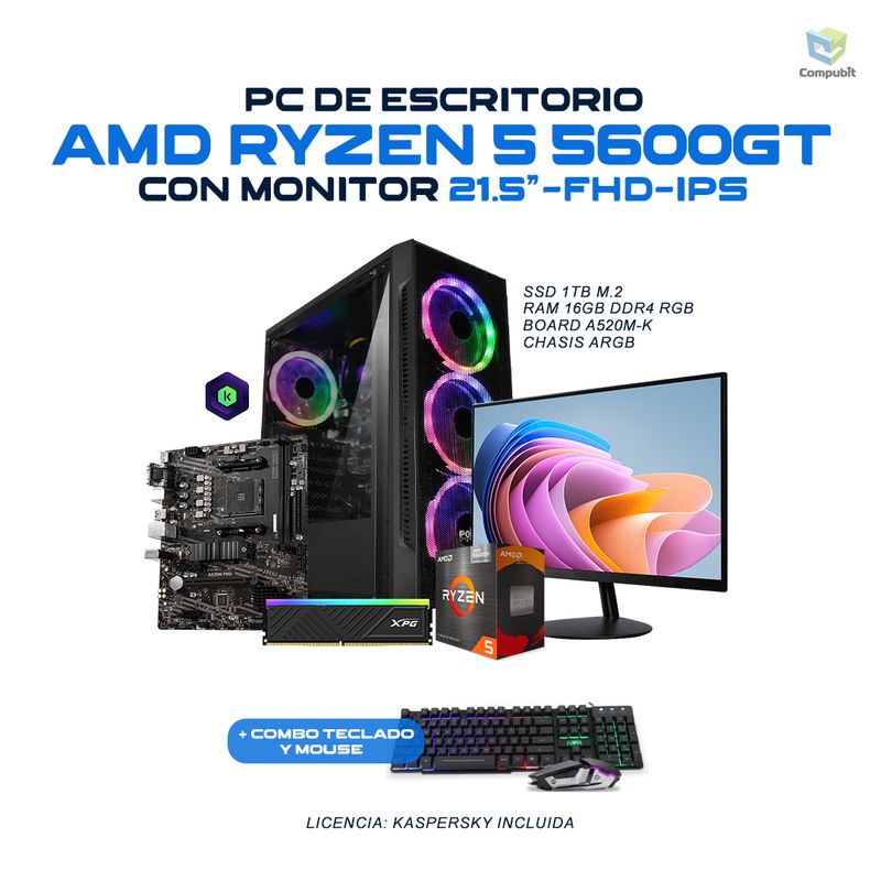 POWER GROUP - PC GAMER AMD RYZEN 5 5600GT 3.6Ghz 16GB 1TB SSD Monitor 21.5” - R56161SKR