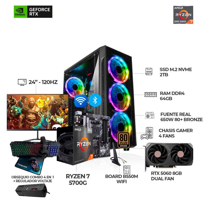 AMD - PC RYZEN 7 5700G + RTX 5060 + MONITOR 24" 120HZ + B550 WIFI + RAM 64GB SSD 2TB