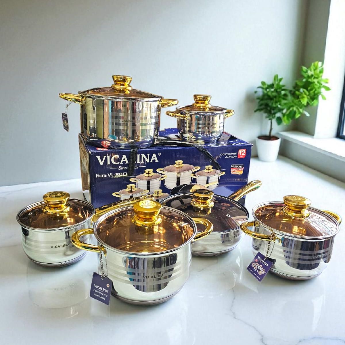 GENERICO - Batería de ollas en acero quirúrgico 12 piezas doradas vicalina