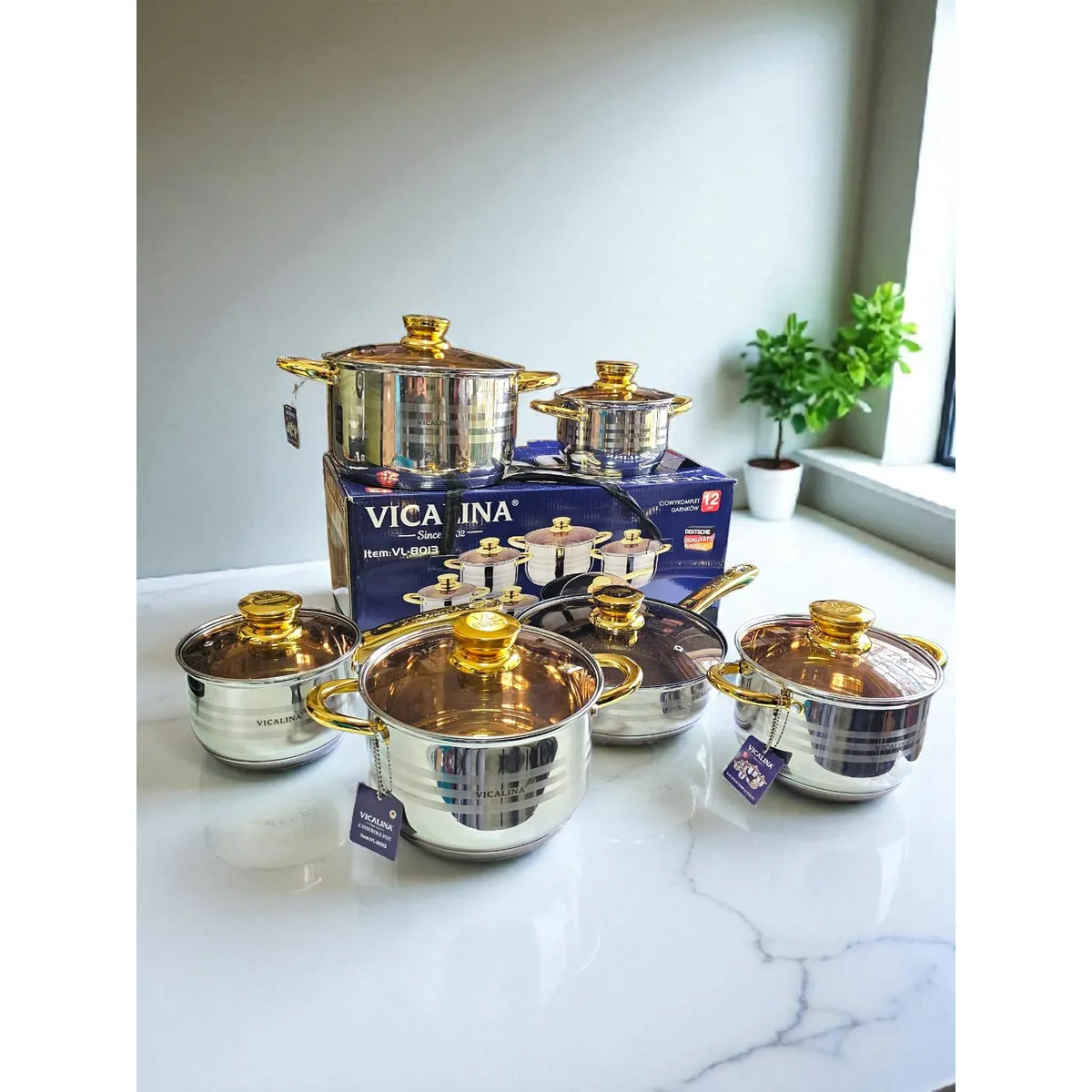 GENERICO - Batería de ollas en acero quirúrgico 12 piezas doradas vicalina
