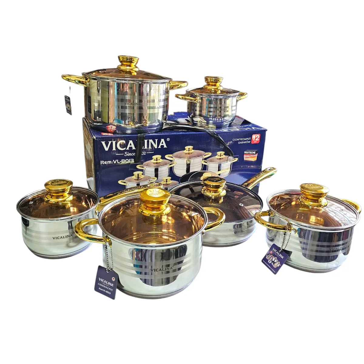 GENERICO - Batería de ollas en acero quirúrgico 12 piezas doradas vicalina