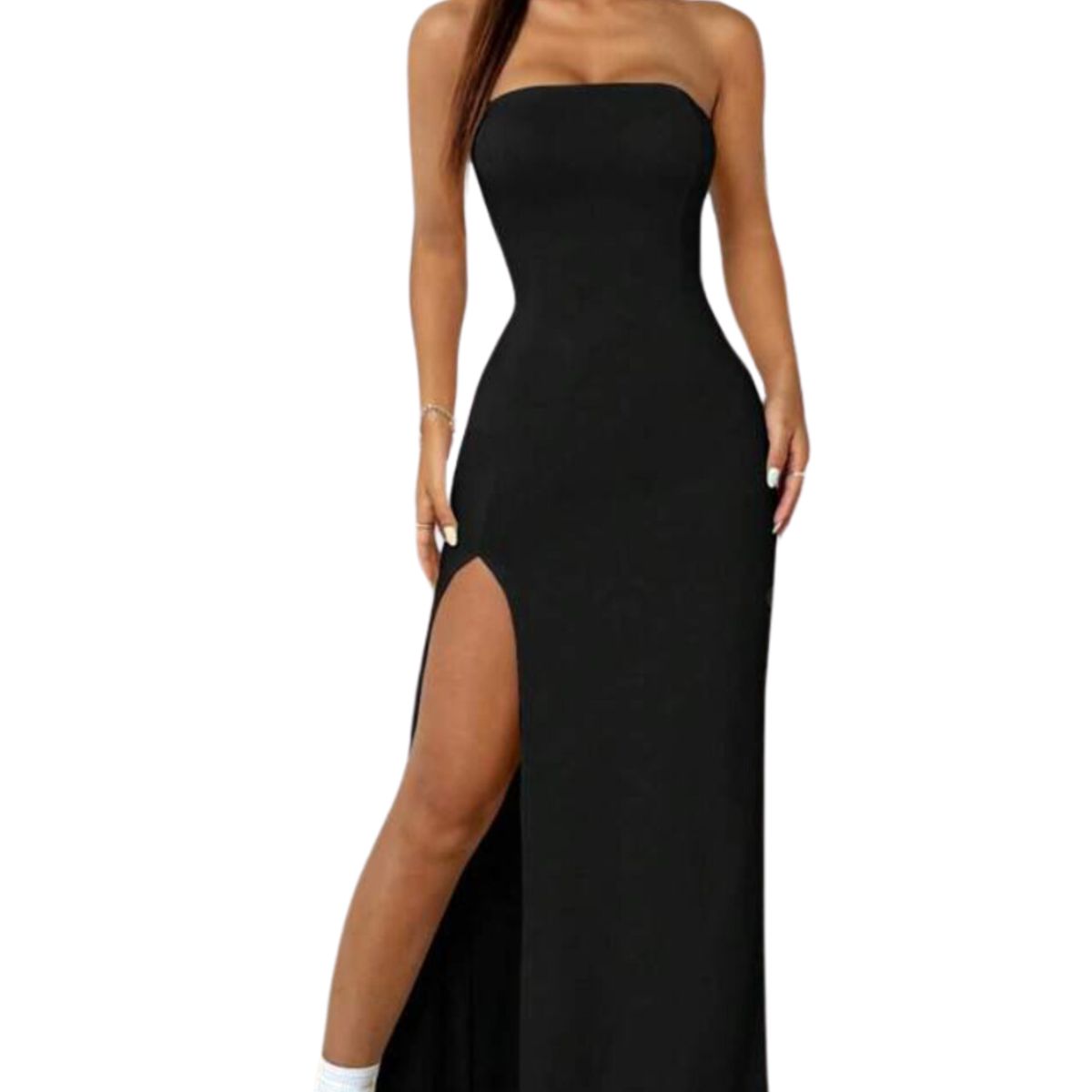 NEGRELI - Vestido Largo Strapless con Abertura Lateral  Negro Clásico