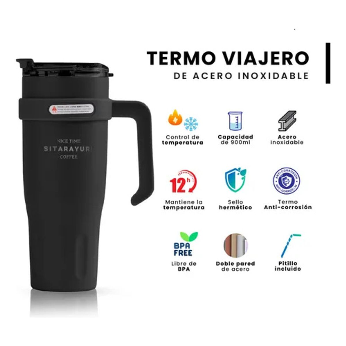 INNOVA - Termo Acero Inoxidable Premium Doble Boquilla Fríocalor Coffee Negro