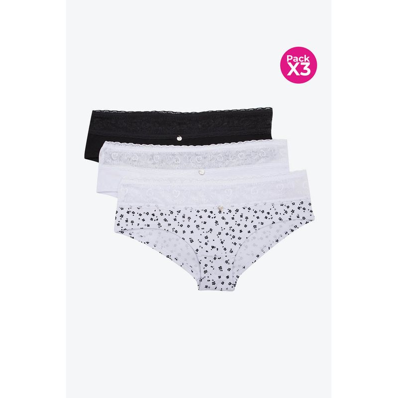 LILI PINK - Panty tipo hípster en algodón y encaje paquete x3
