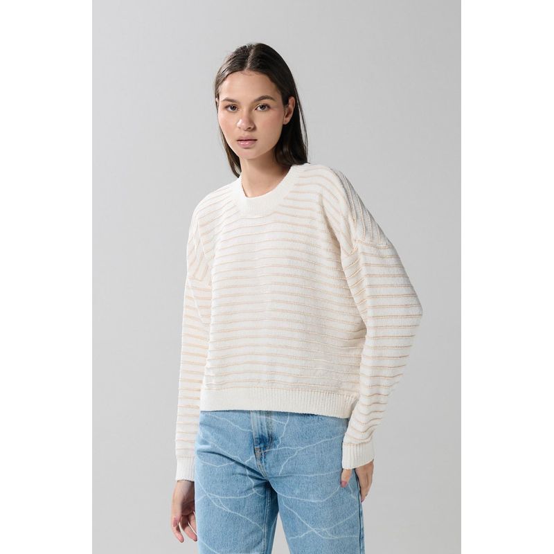 KOAJ - KOAJ SUETER CREMA CON RAYAS HORIZONTALES KAKY CUELLO REDONDO MUJER