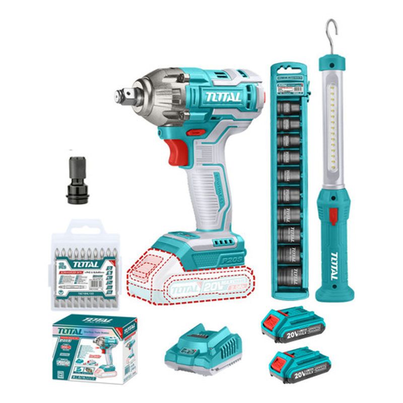 TOTAL - Taladro Pistola Llave Impacto 300NM 20v 2 Bat + Accesorios Total