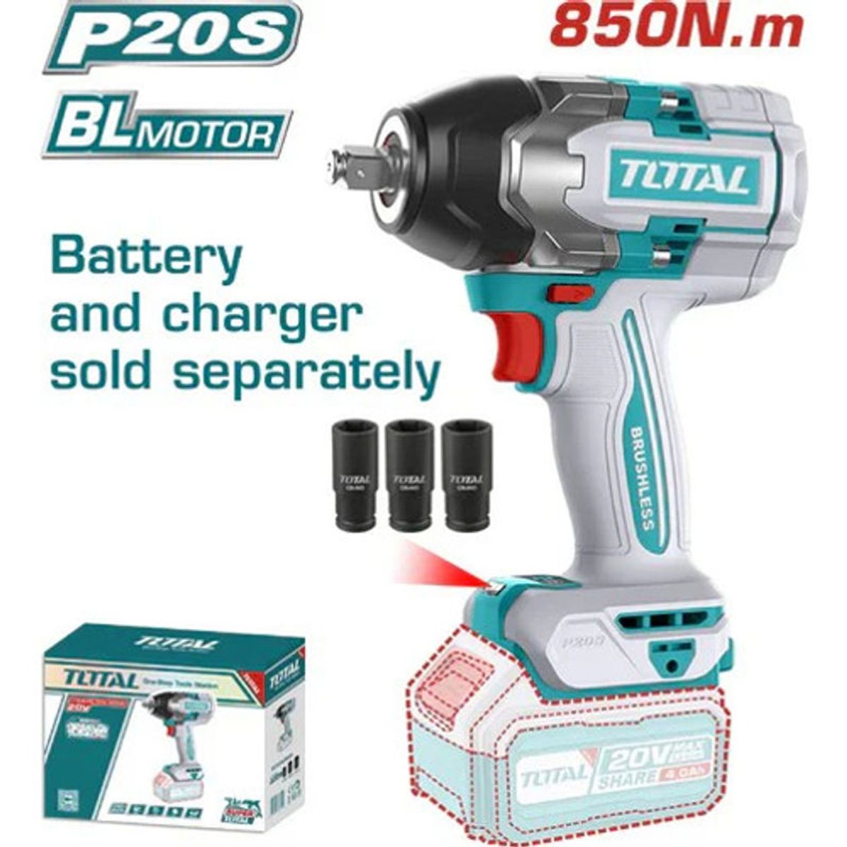 TOTAL - Llave Impacto Inalambrico 1/2 20v 850 nm no incluye bat/carg total