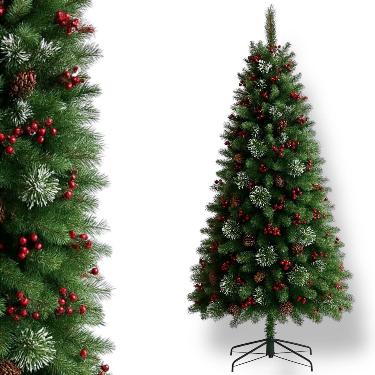 EVERGREEN - Árbol navidad Decorado con piñas y cerezas de 210 cm 1400 Ramas