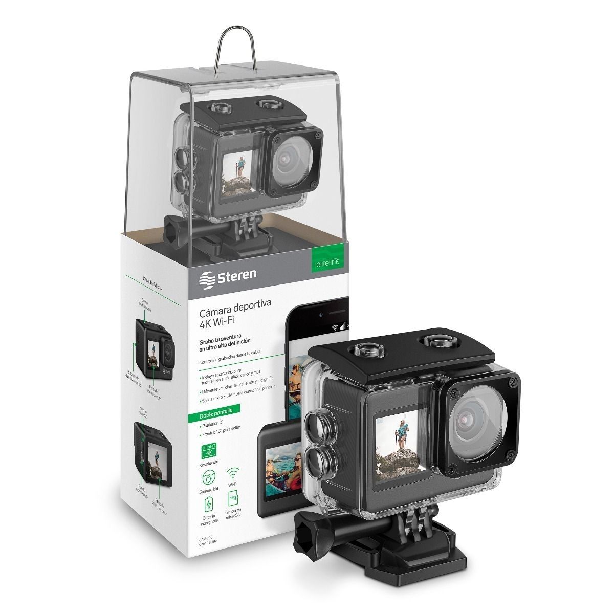 STEREN - Camara deportiva sumergible 4K Wi-Fi doble pantalla CAM-700