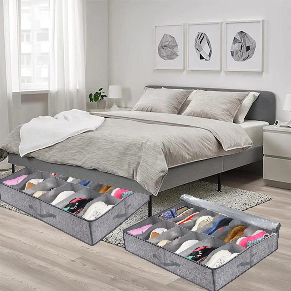 GENERICO - Organizador Zapatos Almacenamiento Bajo Cama X2 Piezas Gris 24 Pares
