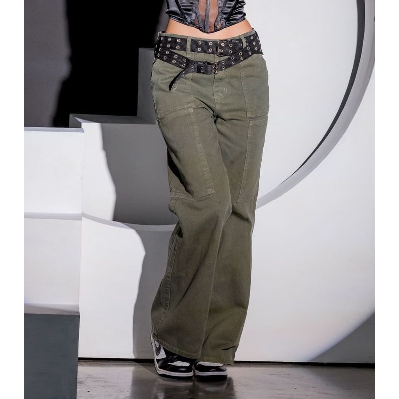 VIA7 - Pantalon verde mujer rigido bolsillos bota recta no correa