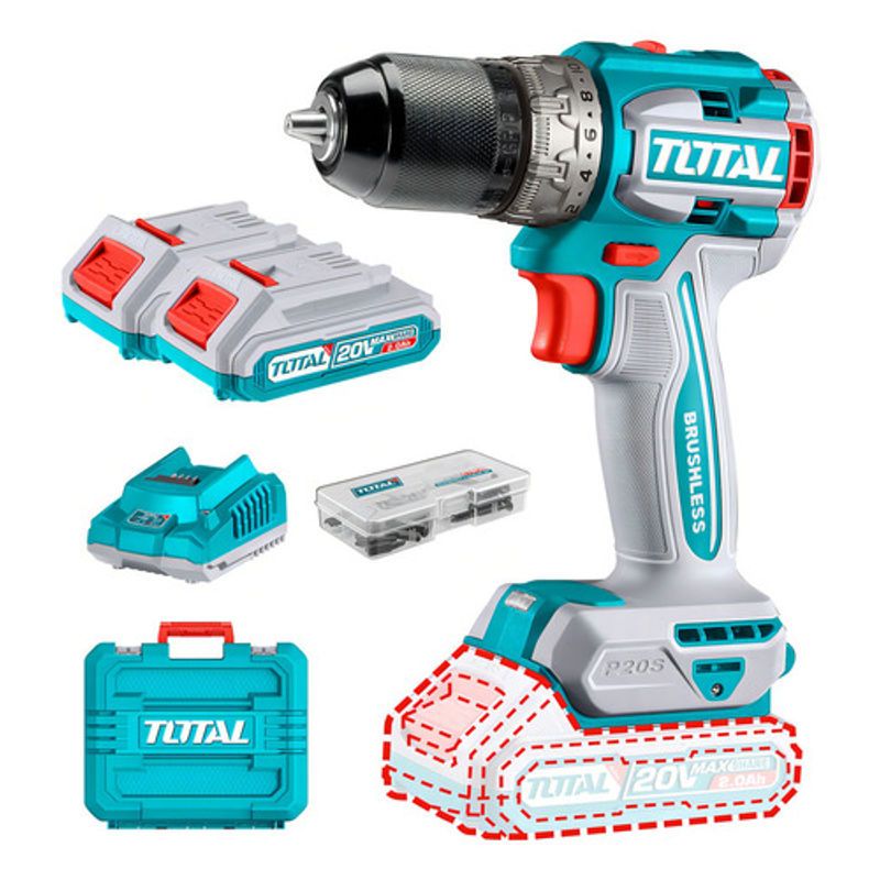 TOTAL - Taladro Atornillador Inalambrico 12 20v 60nm + 2bat + 47 acc Total
