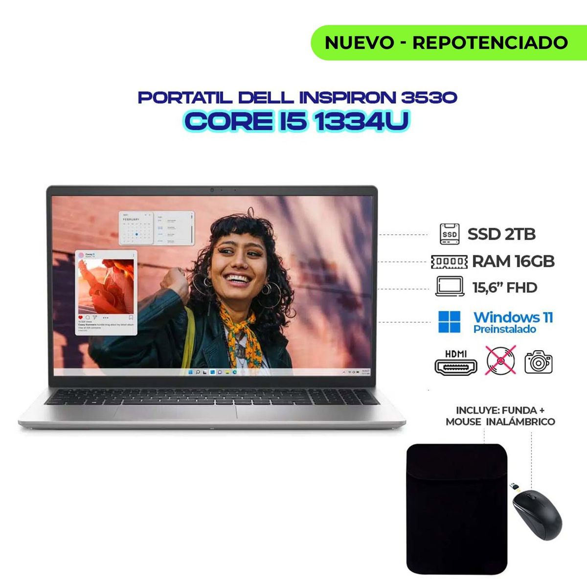 DELL - PORTATIL DELL INSPIRON 3530 INTEL CI5 1334U 15.6" FHD / RAM 16GB DDR4 / 2TB / MOUSE Y FUNDA