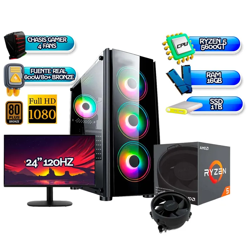 AMD - PC GAMER RYZEN 5 5600GT/ RAM 16GB/ SSD 1TB M.2/ + MONITOR 24" FHD 120Hz + COMBO