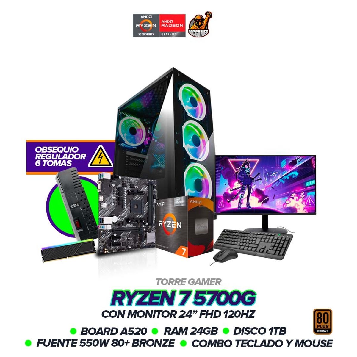 AMD - PC GAMER RYZEN 7 5700G/ 24GB RAM/ 1TB SSD /BOARD A520/ MONITOR 24" FHD