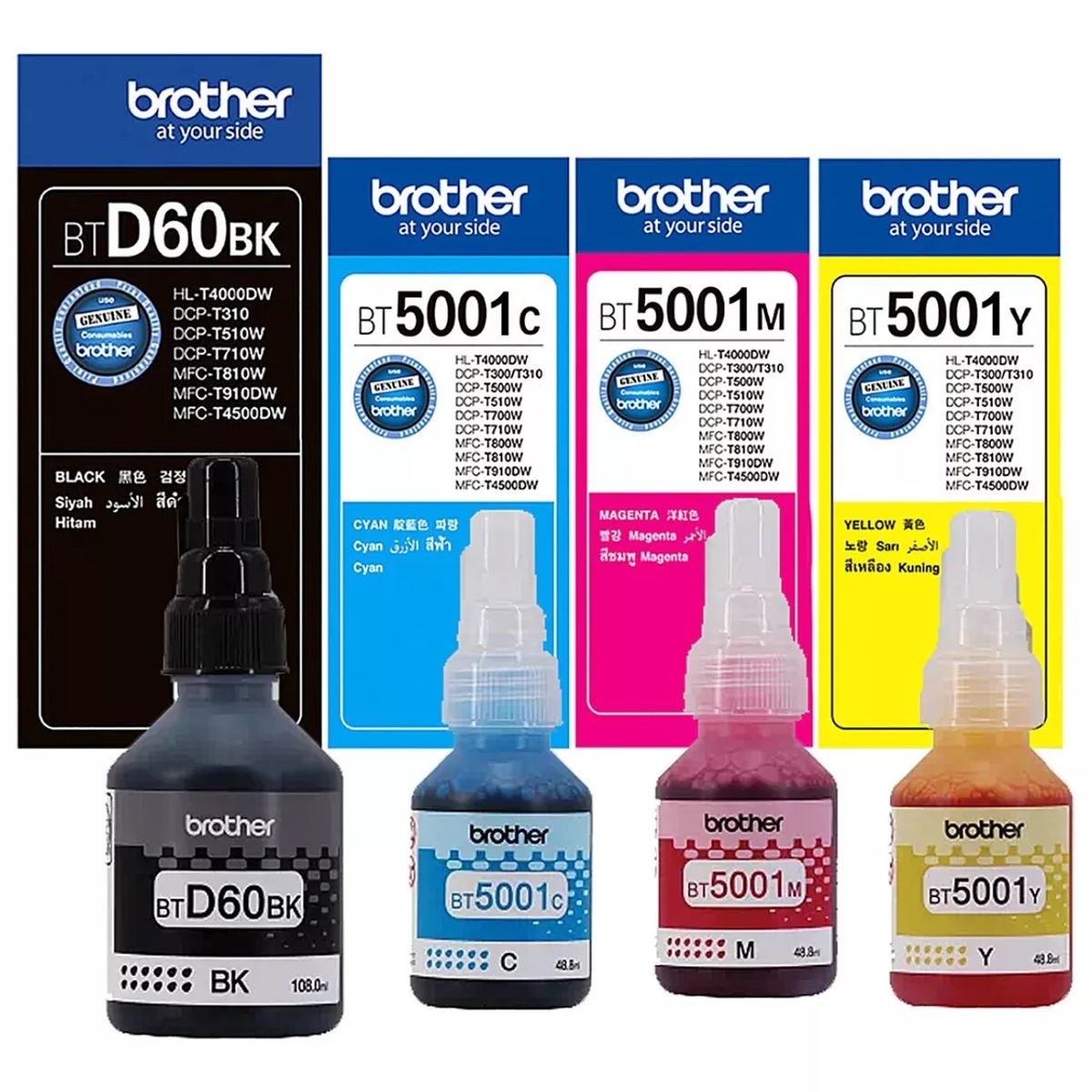 BROTHER - 4 Botellas de Tinta BROTHER BTD60BK Negro y colores BT5001 Originales