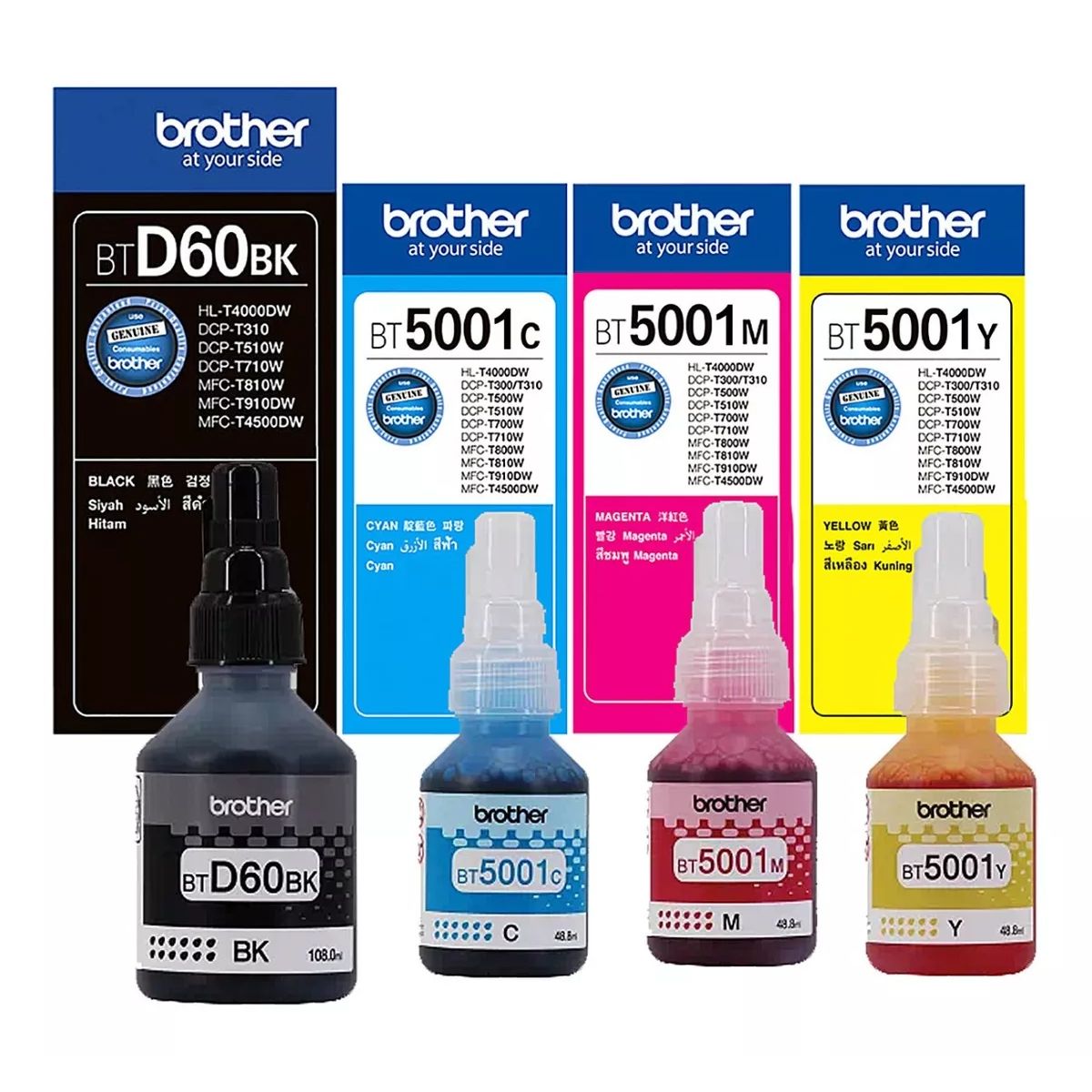 BROTHER - 4 Botellas de Tinta BROTHER BTD60BK Negro y colores BT5001 Originales