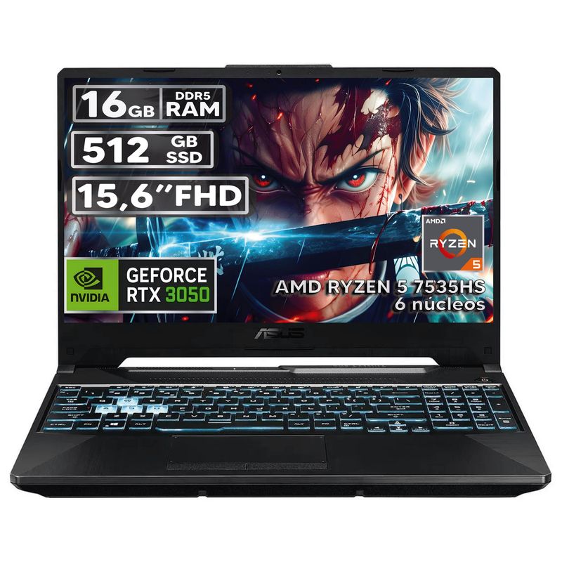 ASUS - PORTÁTIL GAMER ASUS RYZEN 5 7535HS 16GB RAM 512GB SSD RTX 3050 4GB 15,6 FHD BLACK