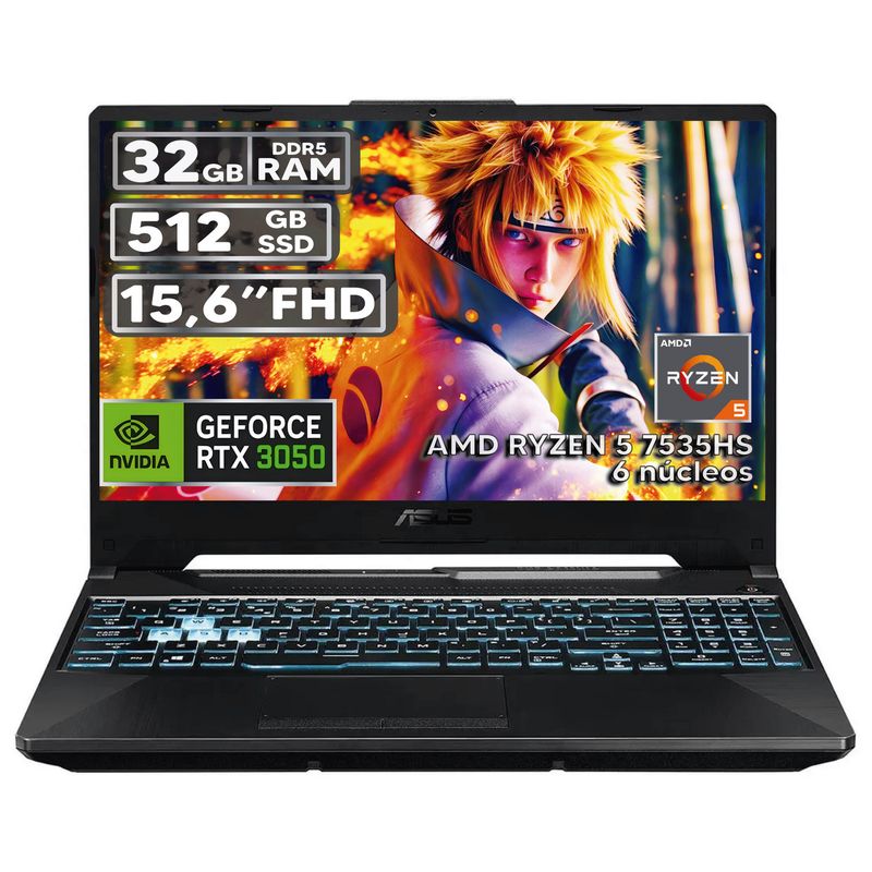 ASUS - PORTÁTIL GAMER ASUS RYZEN 5 7535HS 32GB RAM 512GB SSD RTX 3050 4GB 15,6 FHD BLACK