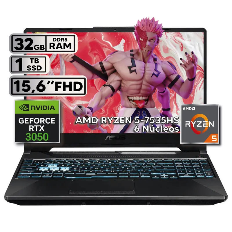 ASUS - PORTÁTIL GAMER ASUS RYZEN 5 7535HS 32GB RAM 1TB SSD RTX 3050 4GB 15,6 FHD BLACK